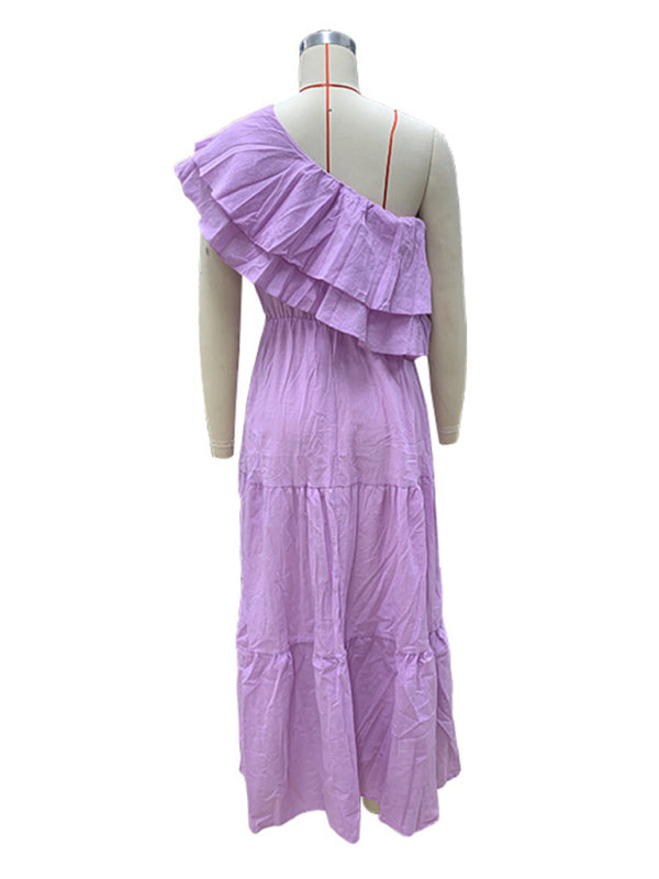 solid color off-shoulder lotus leaf collar dress
