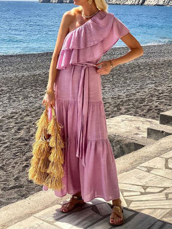 solid color off-shoulder lotus leaf collar dress
