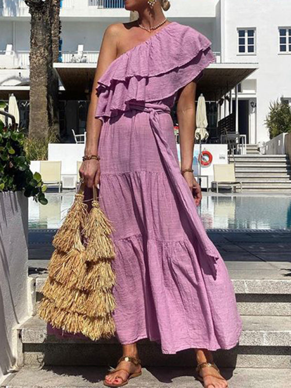 solid color off-shoulder lotus leaf collar dress