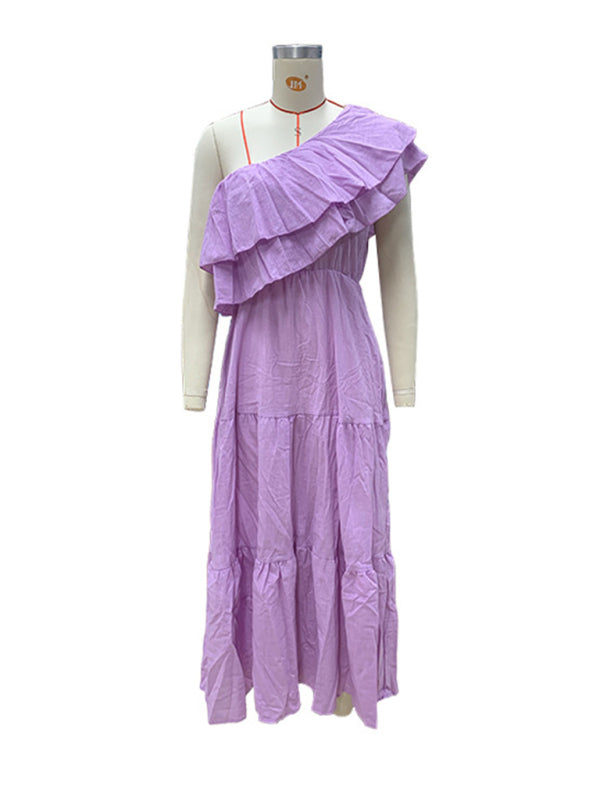 solid color off-shoulder lotus leaf collar dress