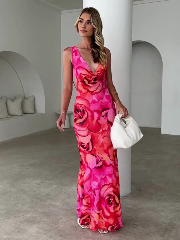 V-neck design printed elastic sexy strappy dress