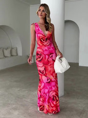 V-neck design printed elastic sexy strappy dress