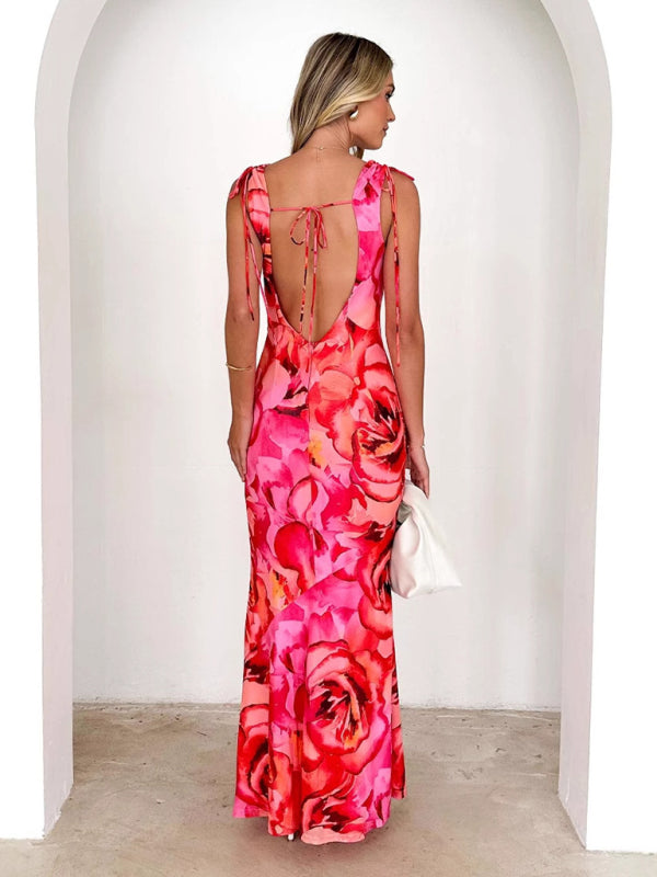 V-neck design printed elastic sexy strappy dress