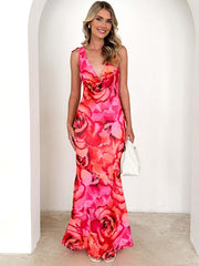 V-neck design printed elastic sexy strappy dress