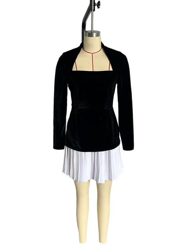 personalized long-sleeved color-blocked pleated hem mini skirt dress