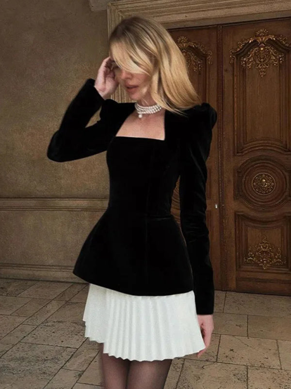 personalized long-sleeved color-blocked pleated hem mini skirt dress