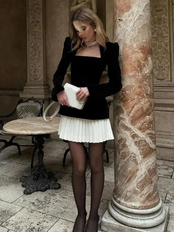 personalized long-sleeved color-blocked pleated hem mini skirt dress