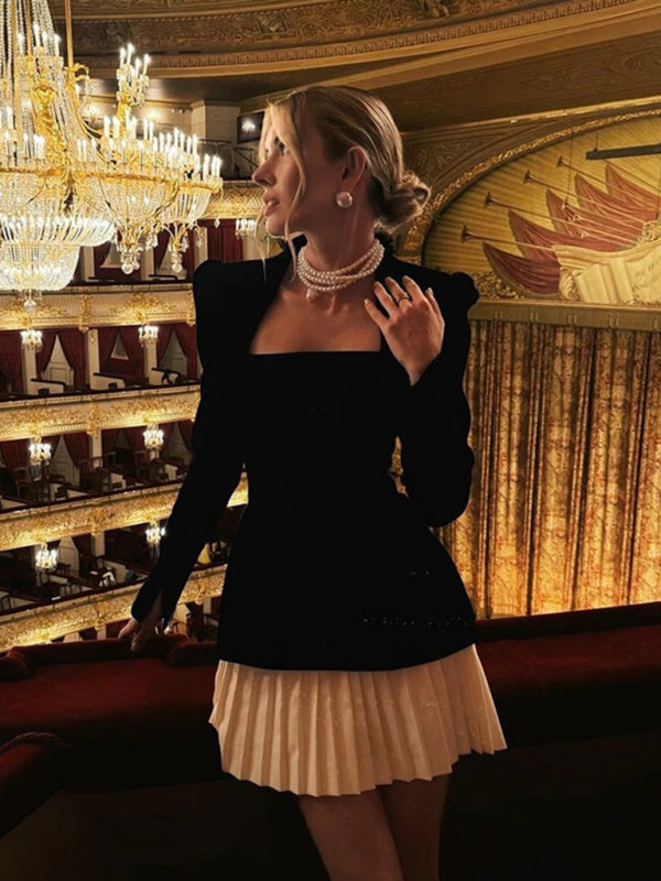 personalized long-sleeved color-blocked pleated hem mini skirt dress