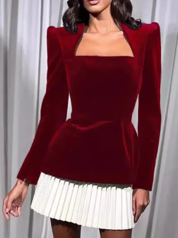 personalized long-sleeved color-blocked pleated hem mini skirt dress