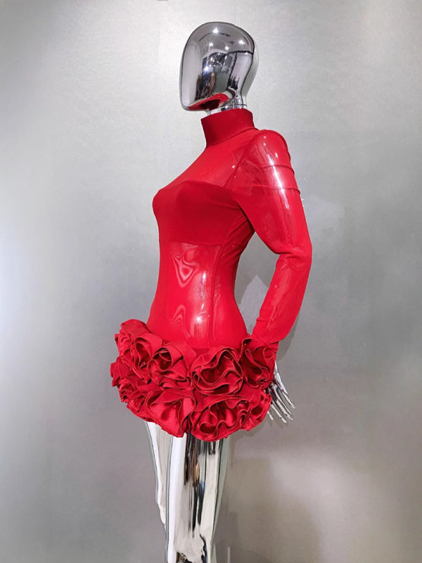 Sexy see-through mesh flower bud skirt ultra-short red dress sexy hot birthday party dress