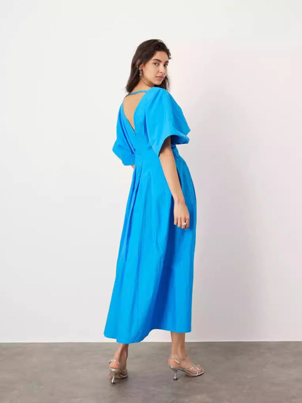 Blue V-neck Pleated Maxi Dress Loose Elegant Dress