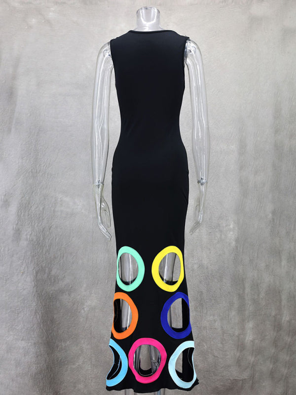 Round Neck Sleeveless Colorblock Hollow Embroidery A-Line Long Dress
