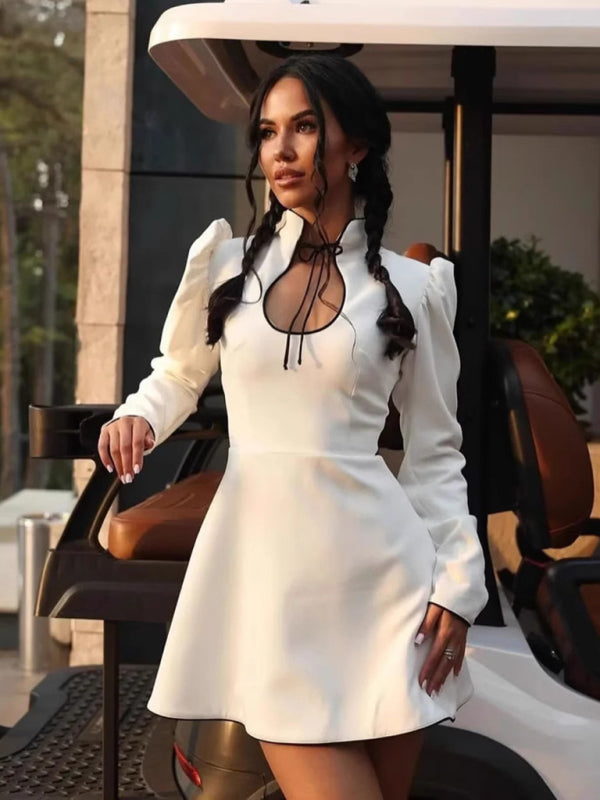 Long Sleeve Stand Collar Tie Dress