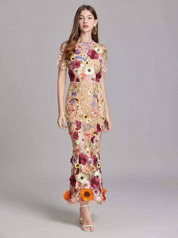 Ladies three-dimensional flower mesh embroidery waist and hip dress