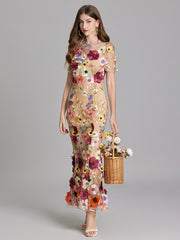 Ladies three-dimensional flower mesh embroidery waist and hip dress
