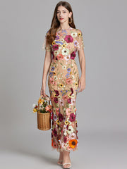 Ladies three-dimensional flower mesh embroidery waist and hip dress
