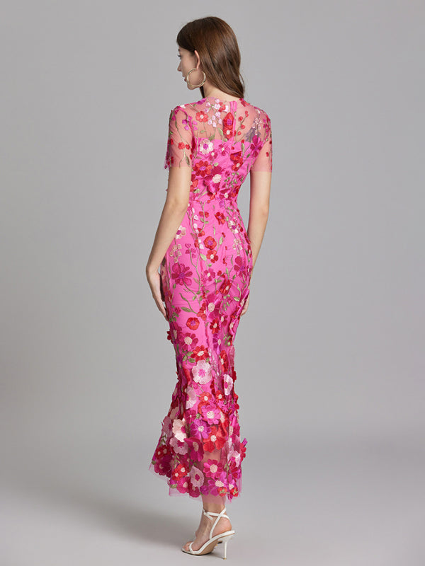 Ladies three-dimensional flower mesh embroidery waist and hip dress