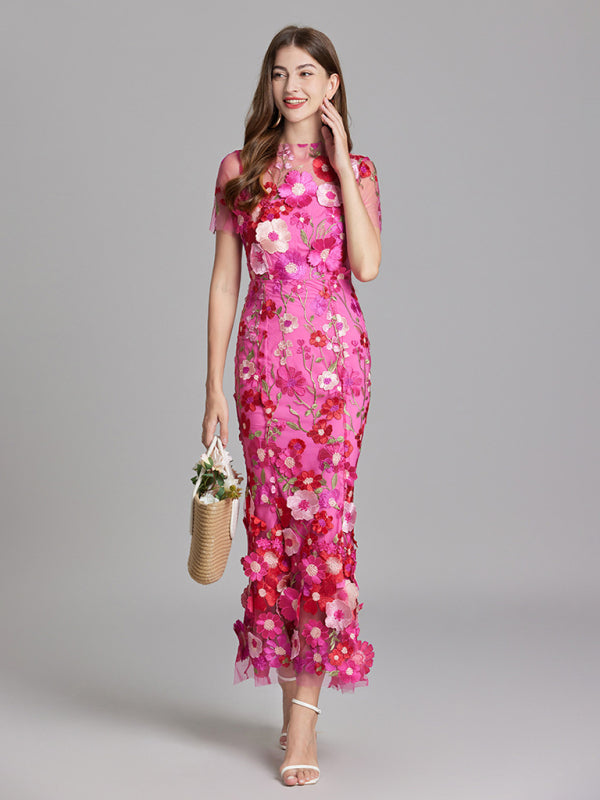 Ladies three-dimensional flower mesh embroidery waist and hip dress