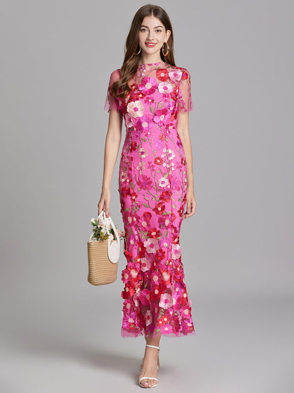 Ladies three-dimensional flower mesh embroidery waist and hip dress