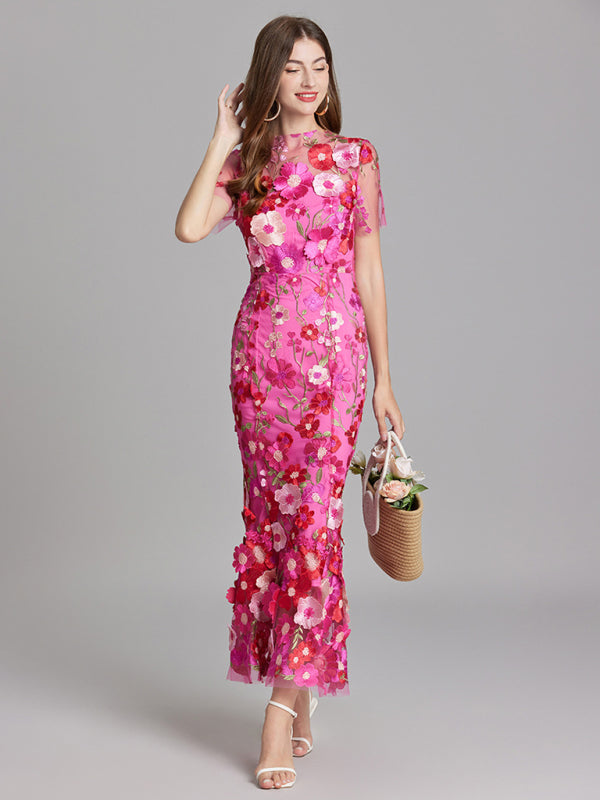 Ladies three-dimensional flower mesh embroidery waist and hip dress