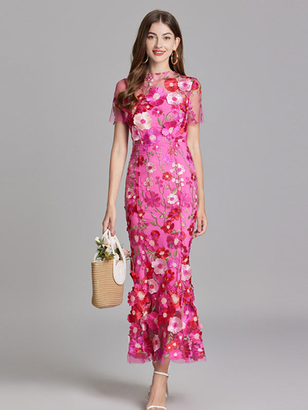 Ladies three-dimensional flower mesh embroidery waist and hip dress