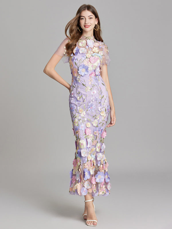 Ladies three-dimensional flower mesh embroidery waist and hip dress