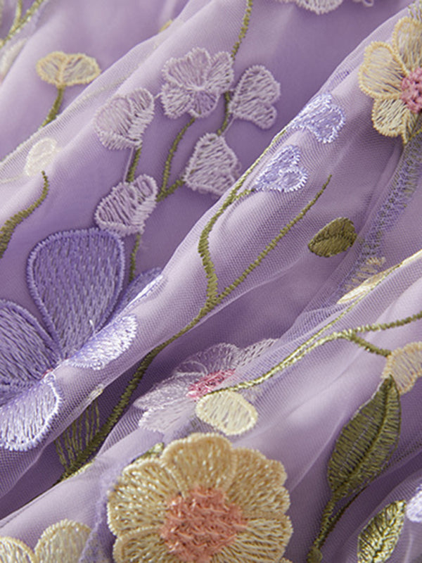 Ladies three-dimensional flower mesh embroidery waist and hip dress