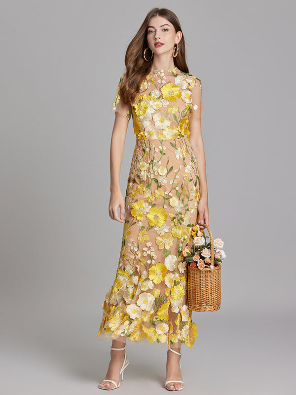 Ladies three-dimensional flower mesh embroidery waist and hip dress