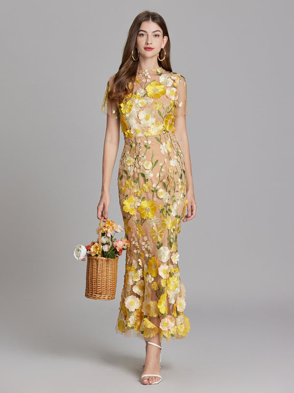 Ladies three-dimensional flower mesh embroidery waist and hip dress