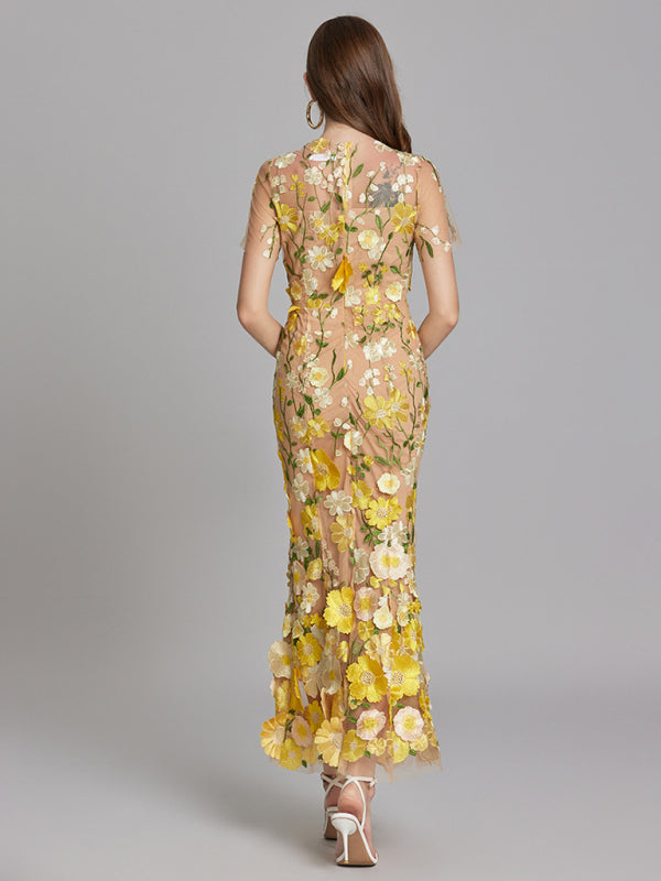 Ladies three-dimensional flower mesh embroidery waist and hip dress