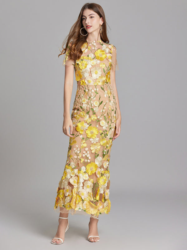Ladies three-dimensional flower mesh embroidery waist and hip dress