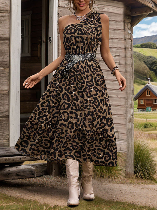 A-line leopard print dress one-shoulder tie dress (without belt)