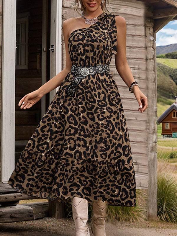 A-line leopard print dress one-shoulder tie dress (without belt)