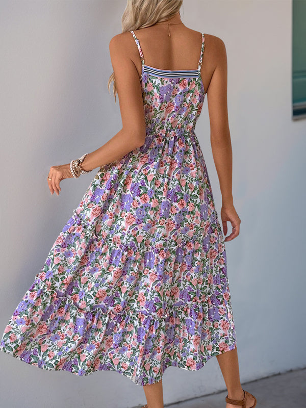 style suspender skirt pleated printed ruffle dress