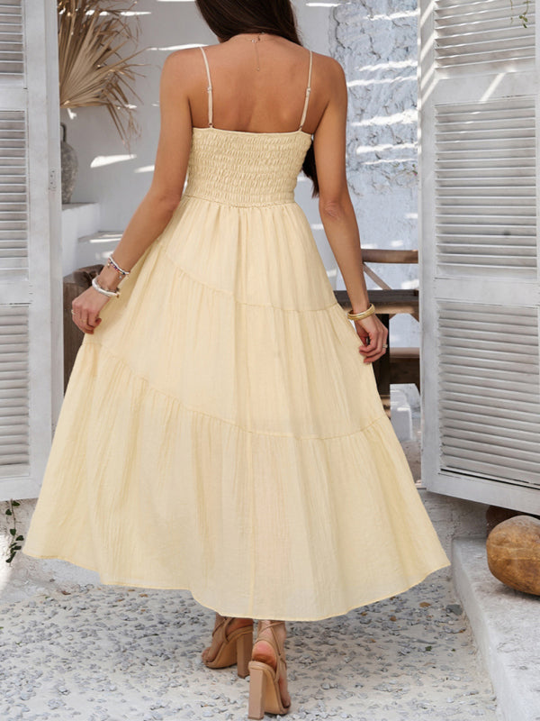 Holiday style solid color high waist suspender dress