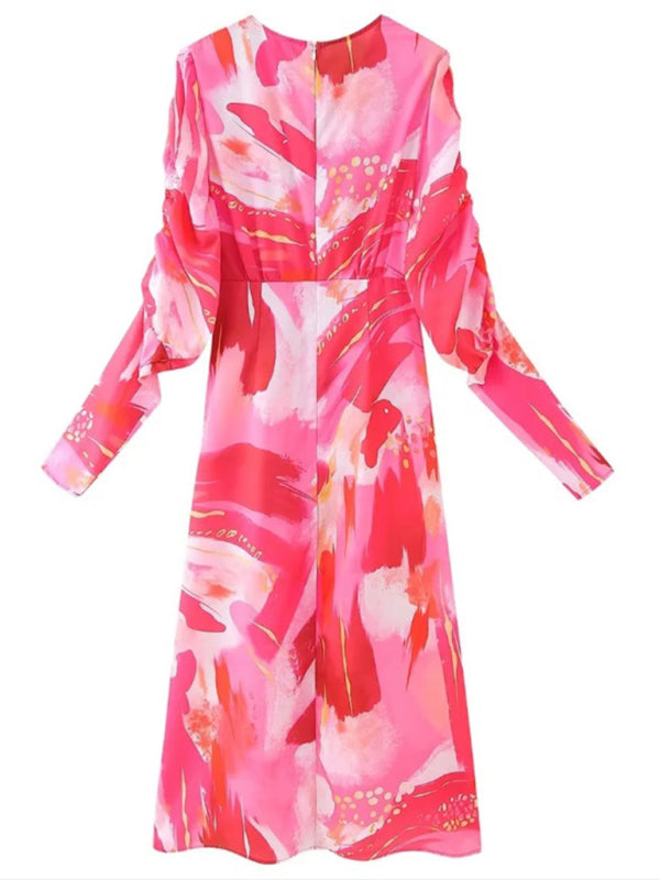 Pleated Print Long Sleeve Dress