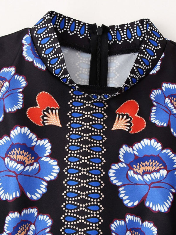 Stand collar printed long sleeve dress