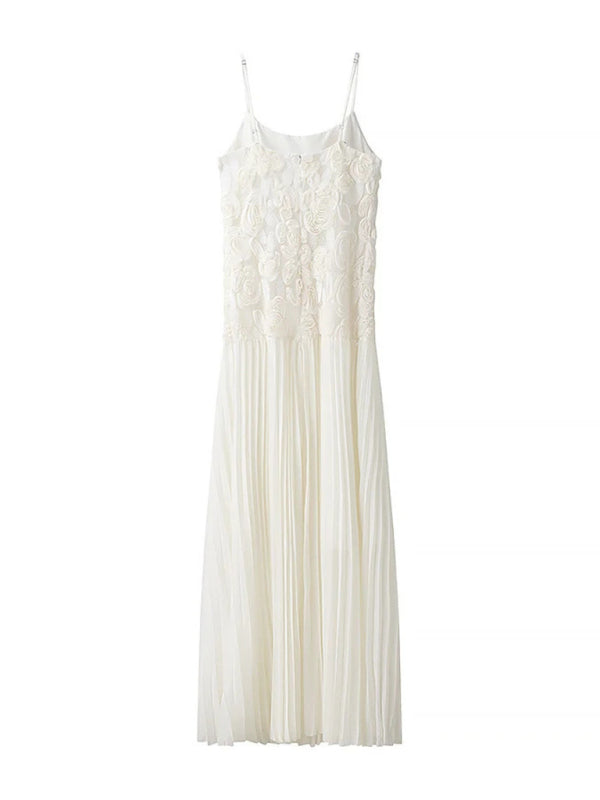 Three-dimensional rose decorated ruffle stitching suspender dress