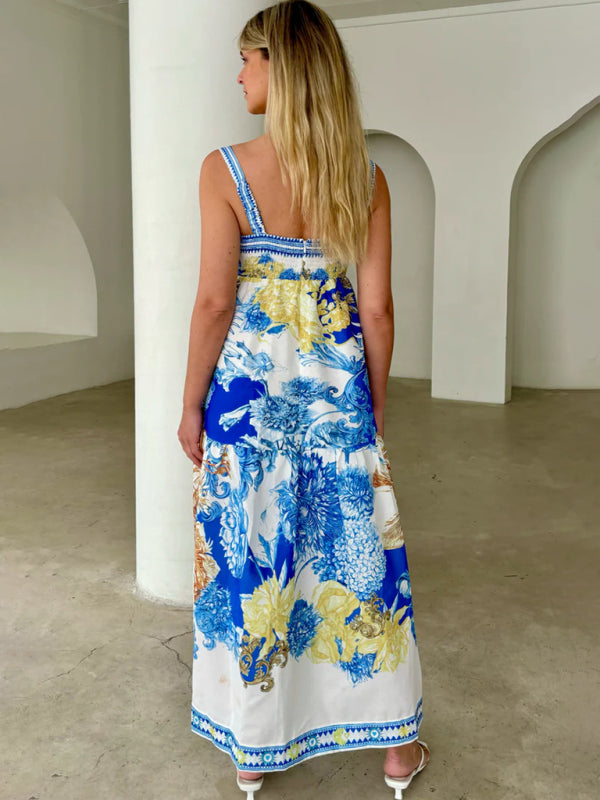 Holiday style maxi dress with printed suspenders