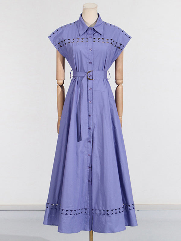 V-neck hollow lace-up slim lapel shirt dress