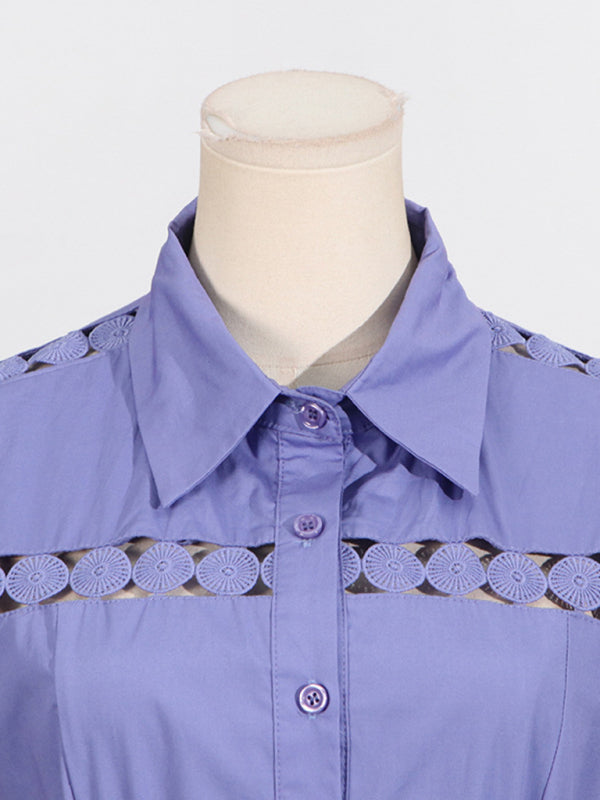 V-neck hollow lace-up slim lapel shirt dress