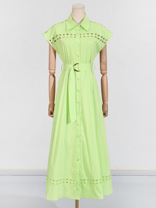 V-neck hollow lace-up slim lapel shirt dress