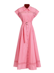 V-neck hollow lace-up slim lapel shirt dress