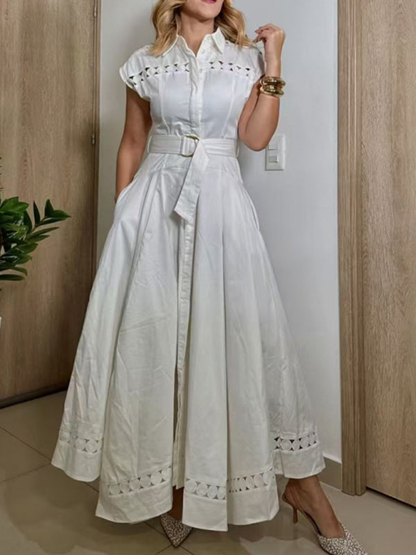 V-neck hollow lace-up slim lapel shirt dress