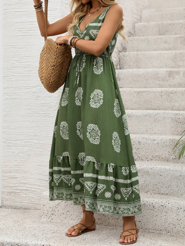 Ethnic style casual V-neck high waist holiday dress