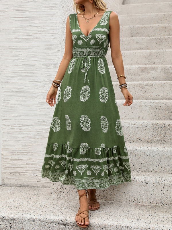 Green ethnic style casual V-neck high waist dress