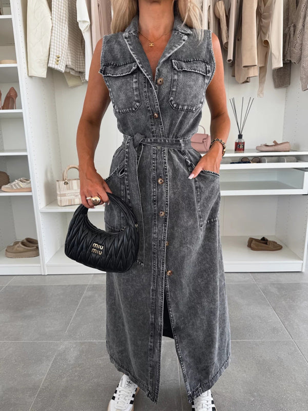 Sleeveless Long Tie Waist Single Breasted Denim Dress