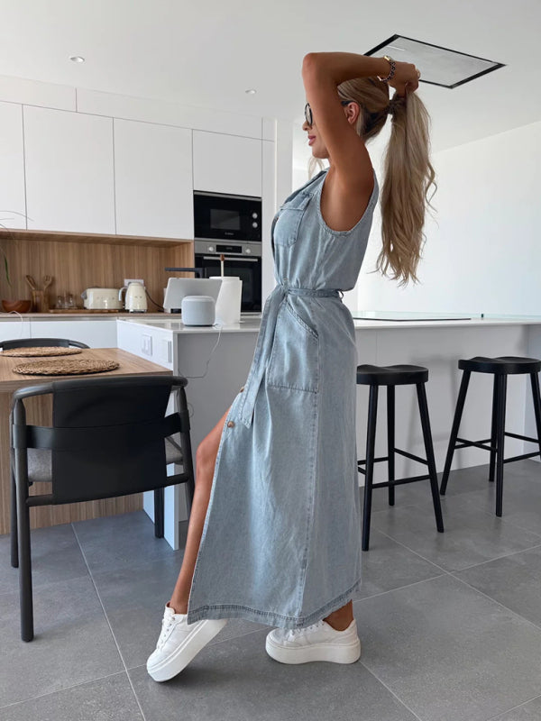 Sleeveless Long Tie Waist Single Breasted Denim Dress