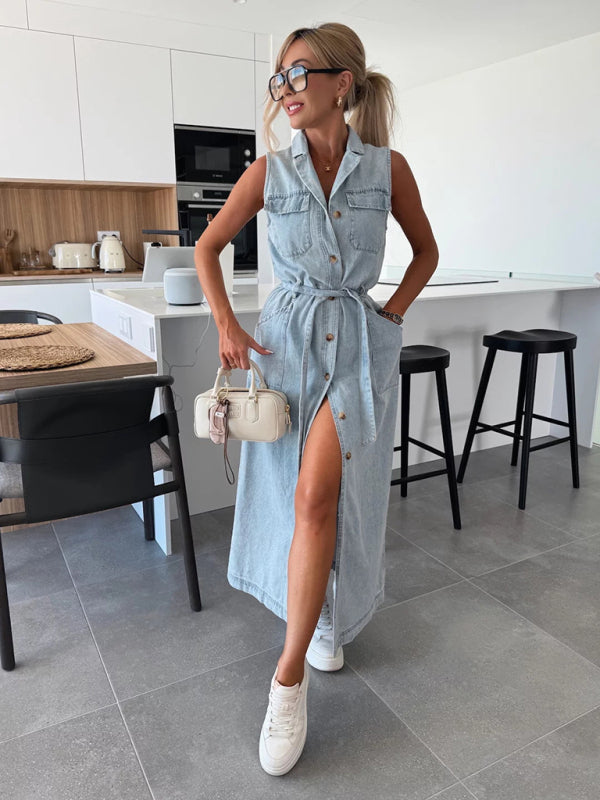 Sleeveless Long Tie Waist Single Breasted Denim Dress