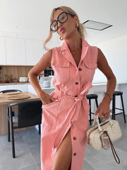 Sleeveless Long Tie Waist Single Breasted Denim Dress